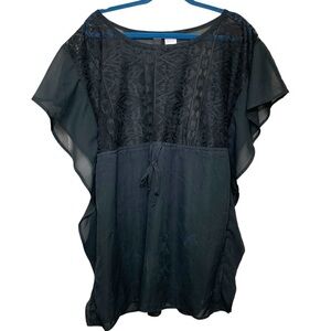 Xhilaration Black Lace Sheer Swim Coverup Sz M Flutter Sleeve Flowy Neutral Top